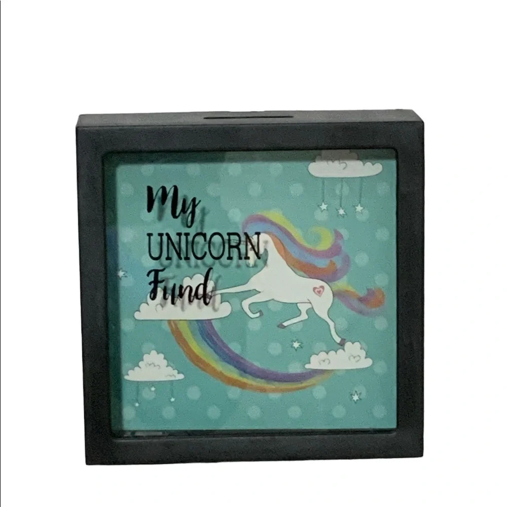Unicorn Piggy Bank Clear View Front Rainbow Polka Dots Square 6 in x 6 in